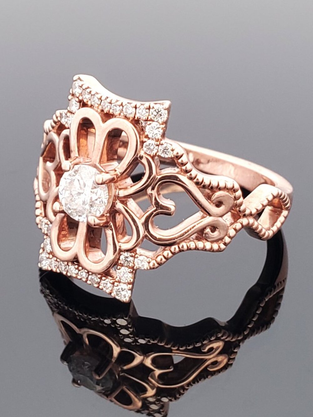 10K Rose Gold Diamond Flower Ring 0.65 CTW Round Diamonds Floral Filigree SZ 10 - Picture 12 of 16